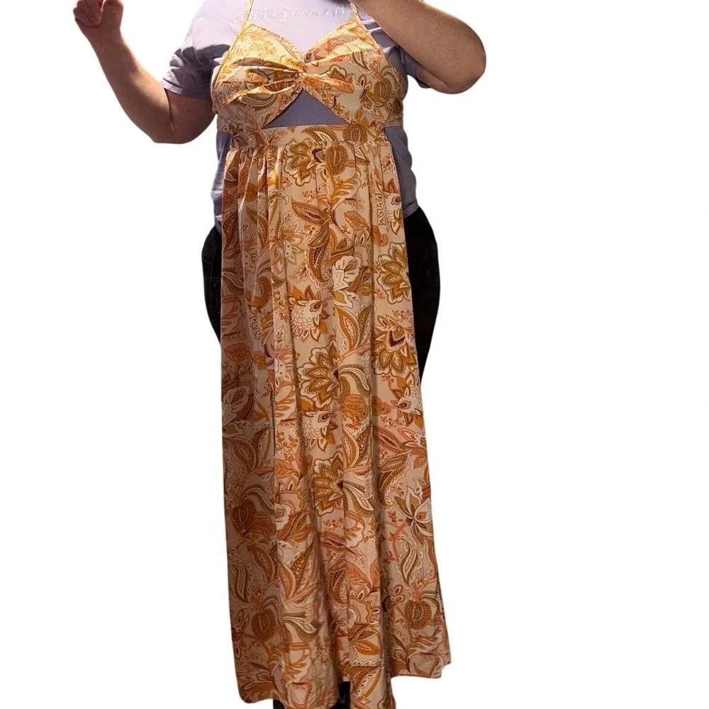 Boho Paisley Floral Halter Maxi Dress with Cutout‎ and Side Slit Orange Brown